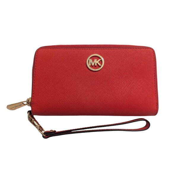 Michael Kors Jet Set Travel Continental Rubin Red Leather Wristlet Wallet - Picture 1 of 2
